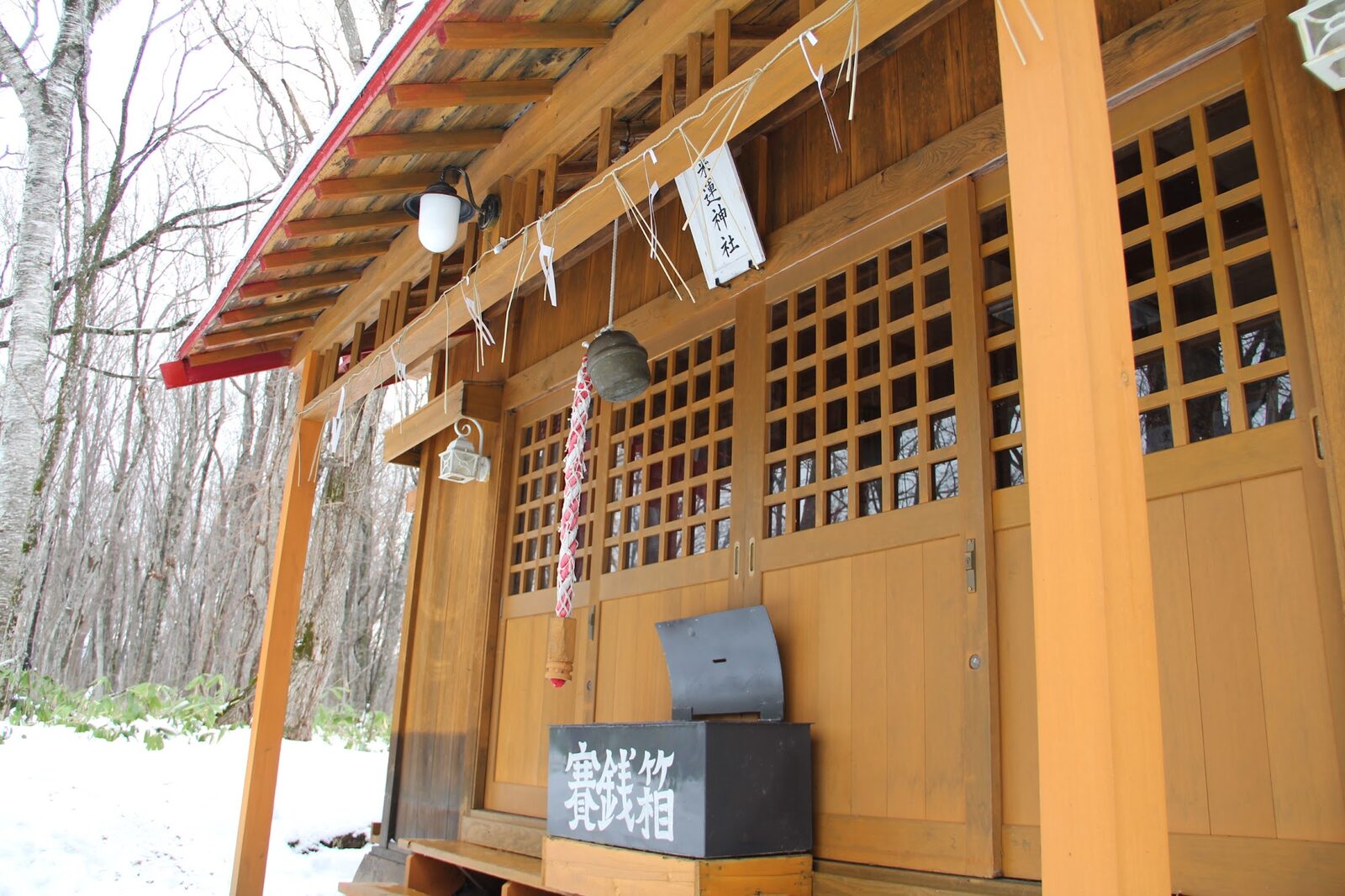 雪化粧した来運神社の社殿としめ縄