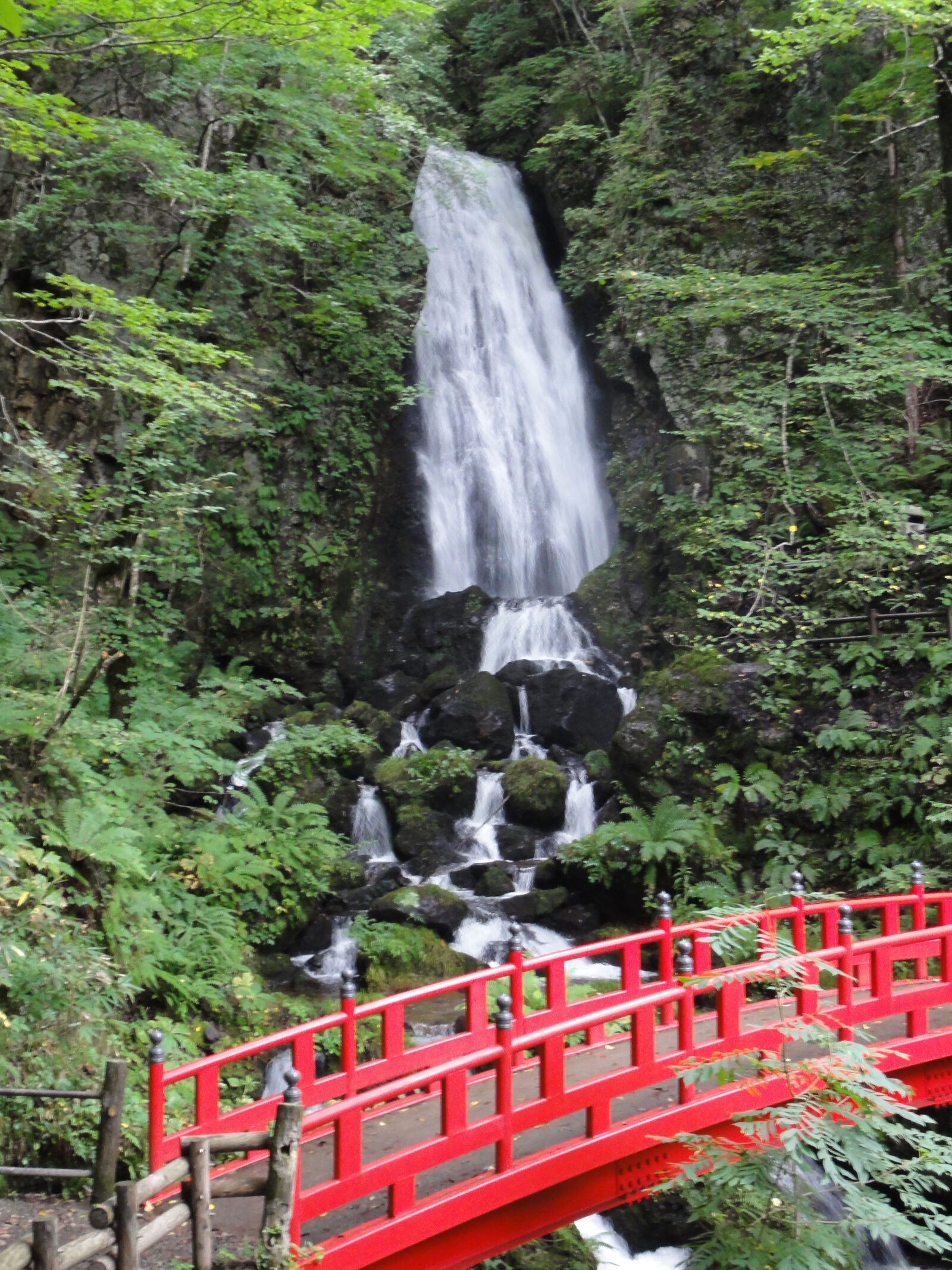 桜松神社の境内奥にかかる不動の滝、手前の赤い橋