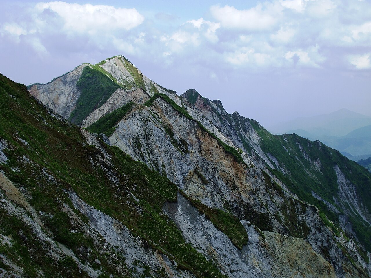 大山の稜線と崩落した岩肌
