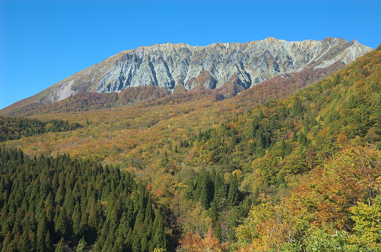 紅葉に彩られた大山の山肌と裾野の森