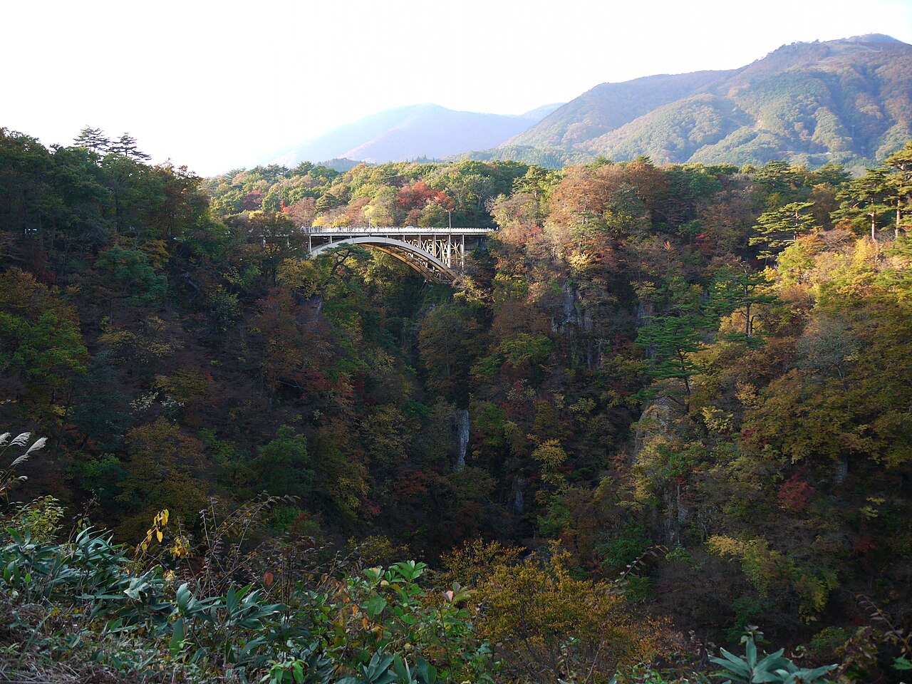 紅葉の渓谷を横切るアーチ橋を望む展望台からの眺め