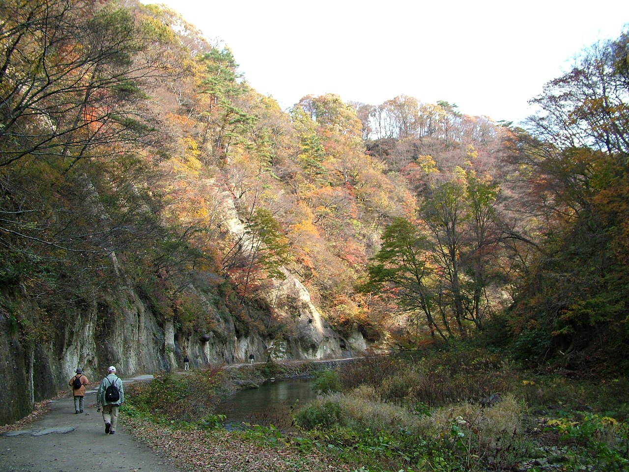 渓谷沿いの遊歩道を歩くハイカーと紅葉した木々