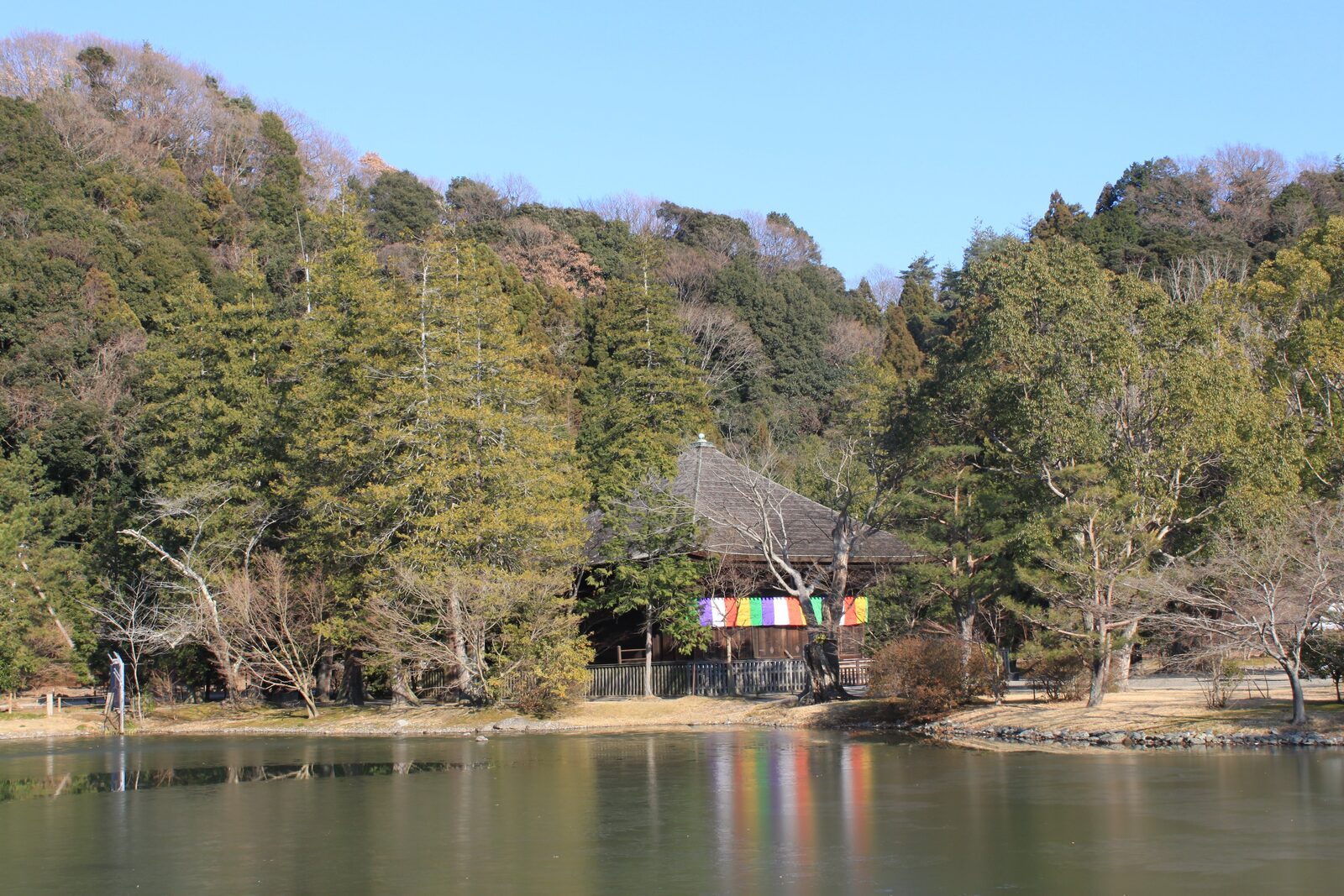 境内を囲む山々と白水阿弥陀堂の浄土庭園
