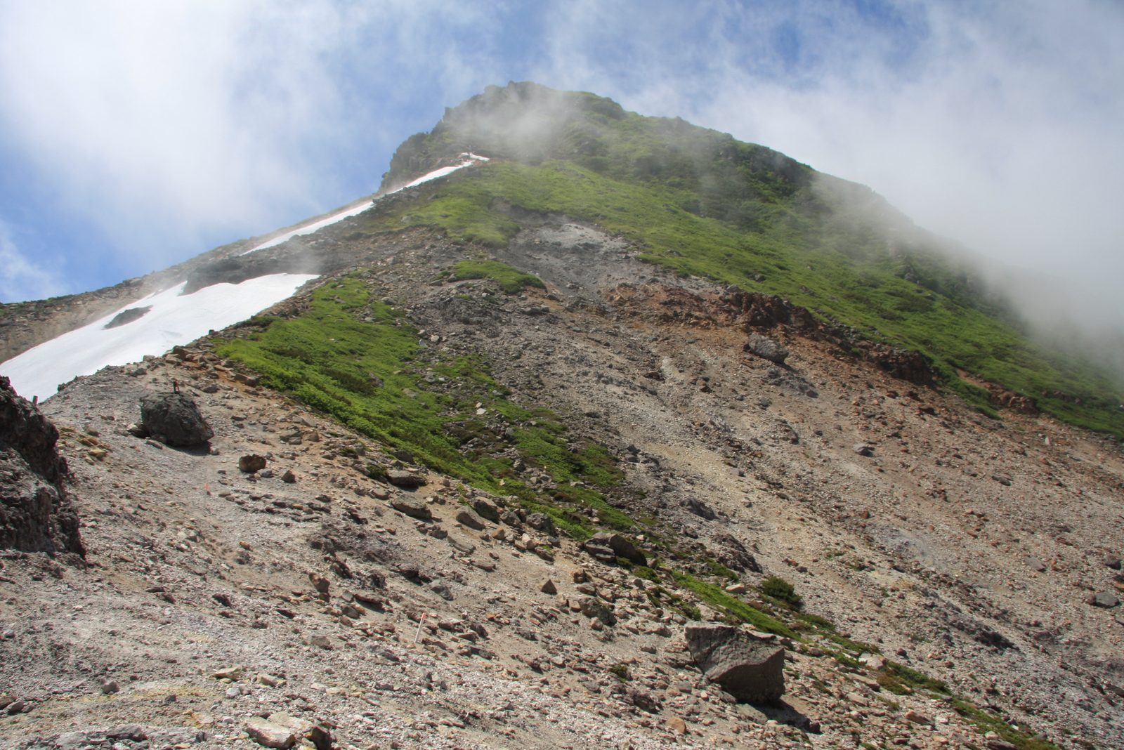 硫黄山の山肌から立ちのぼる噴気と黄色い硫黄の結晶