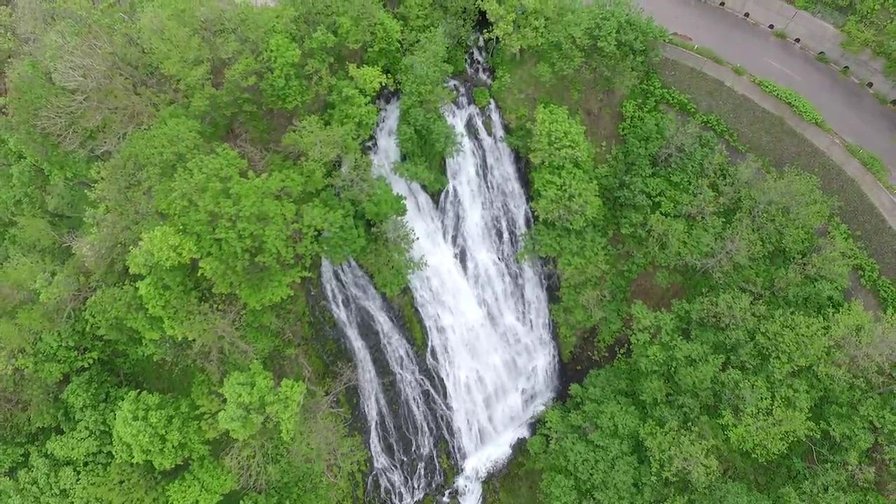 オシンコシンの滝の水しぶきと周辺の緑