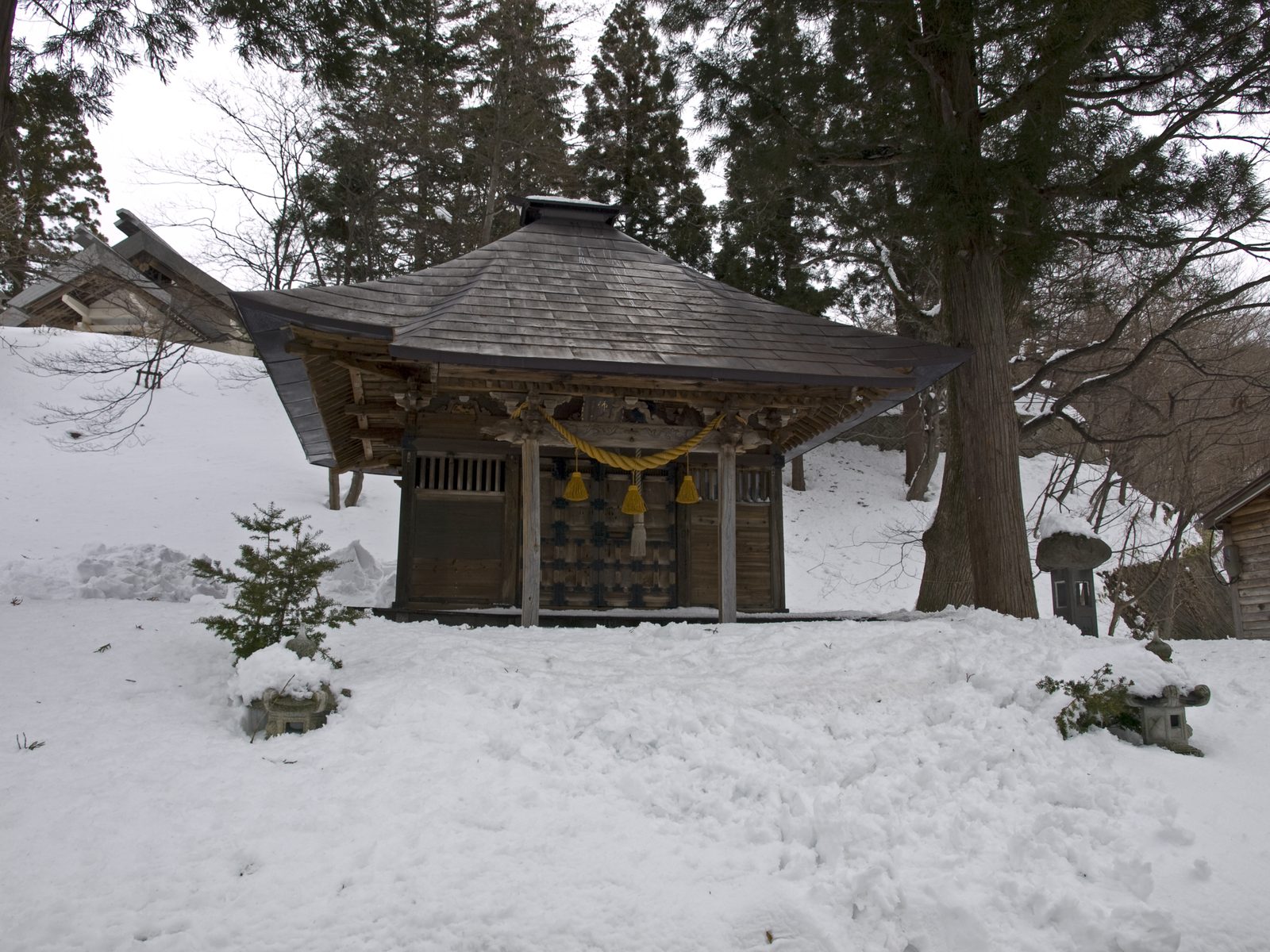 雪化粧した酢川温泉神社の本殿