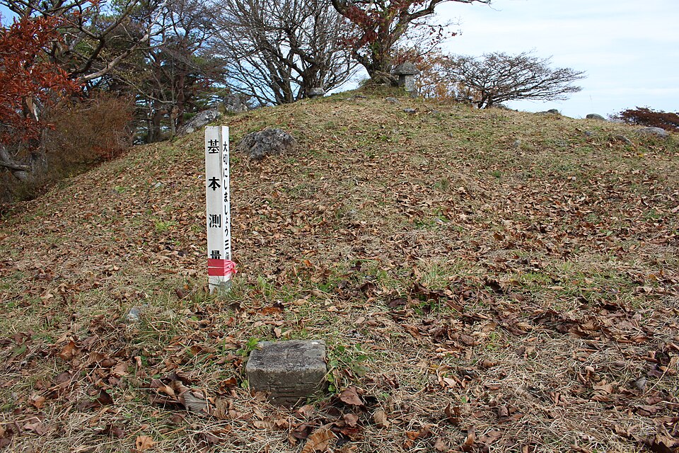 田束山山頂の一等三角点と経塚の石造物