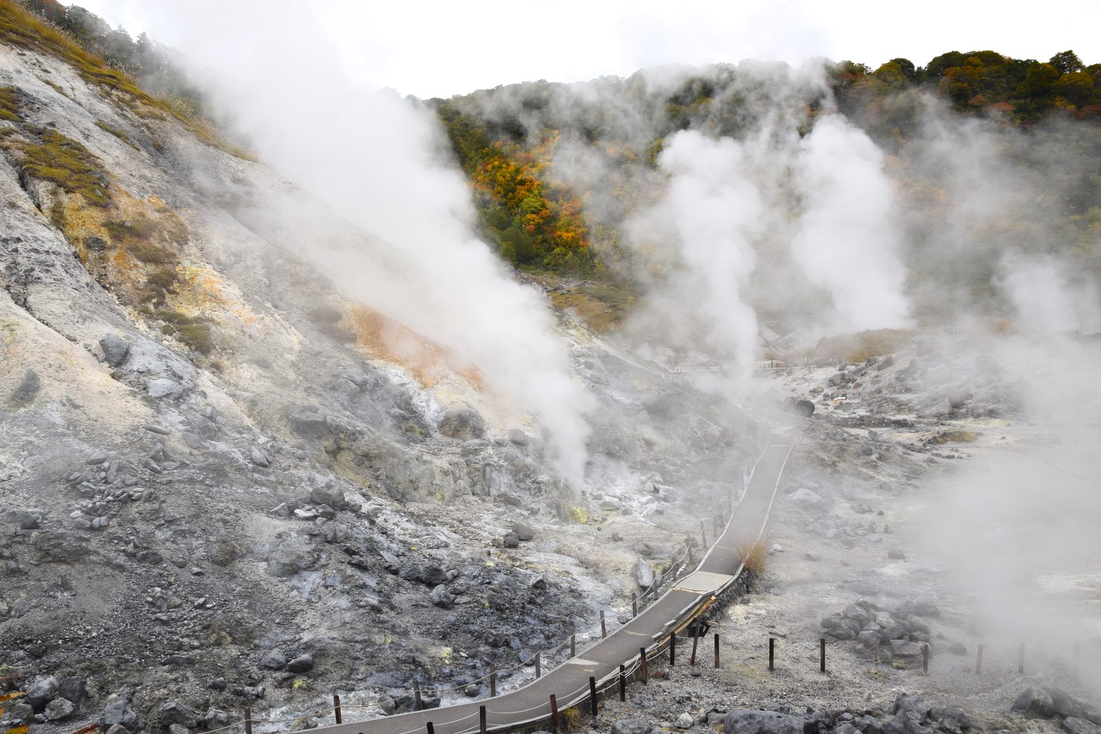 噴気を上げる玉川温泉の大噴湯と紅葉、木造の遊歩道