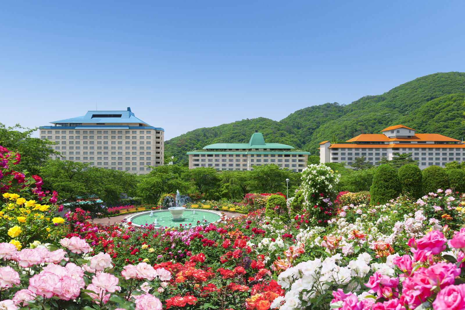 花巻温泉郷、バラ園とホテルの風景