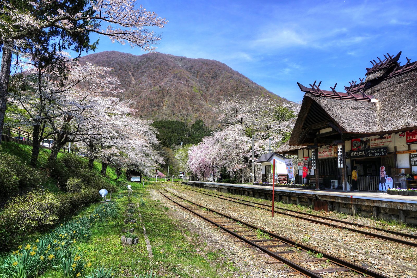 茅葺き屋根の駅舎を持つ湯野上温泉駅