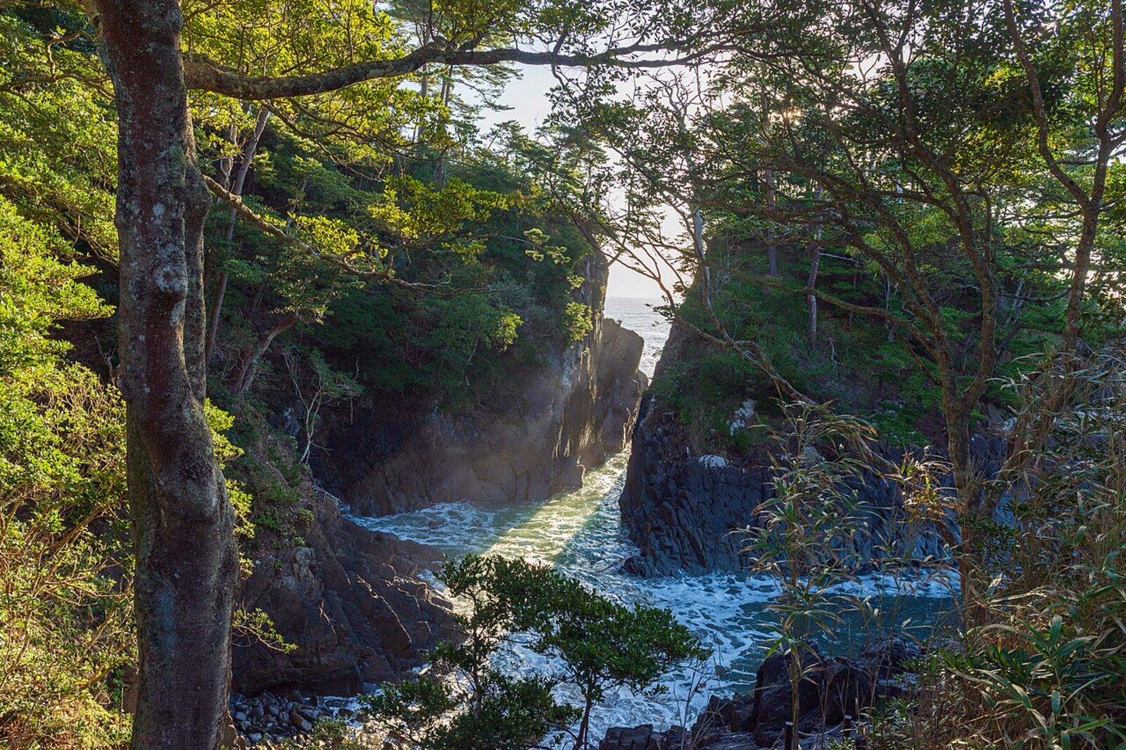 神割崎の断崖と打ち寄せる波