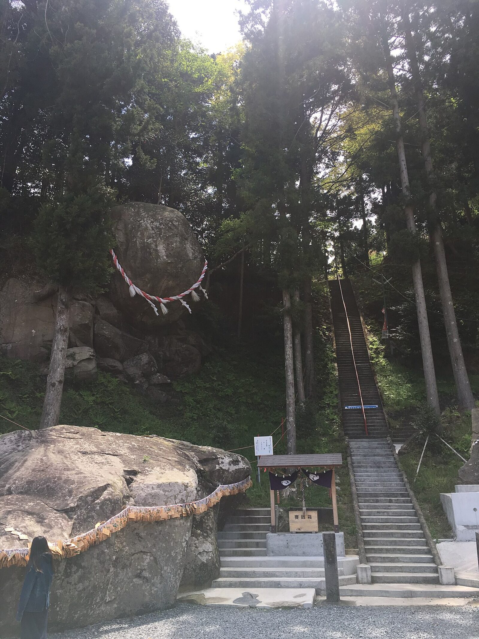 釣石神社の御神体、しめ縄で守られた男石