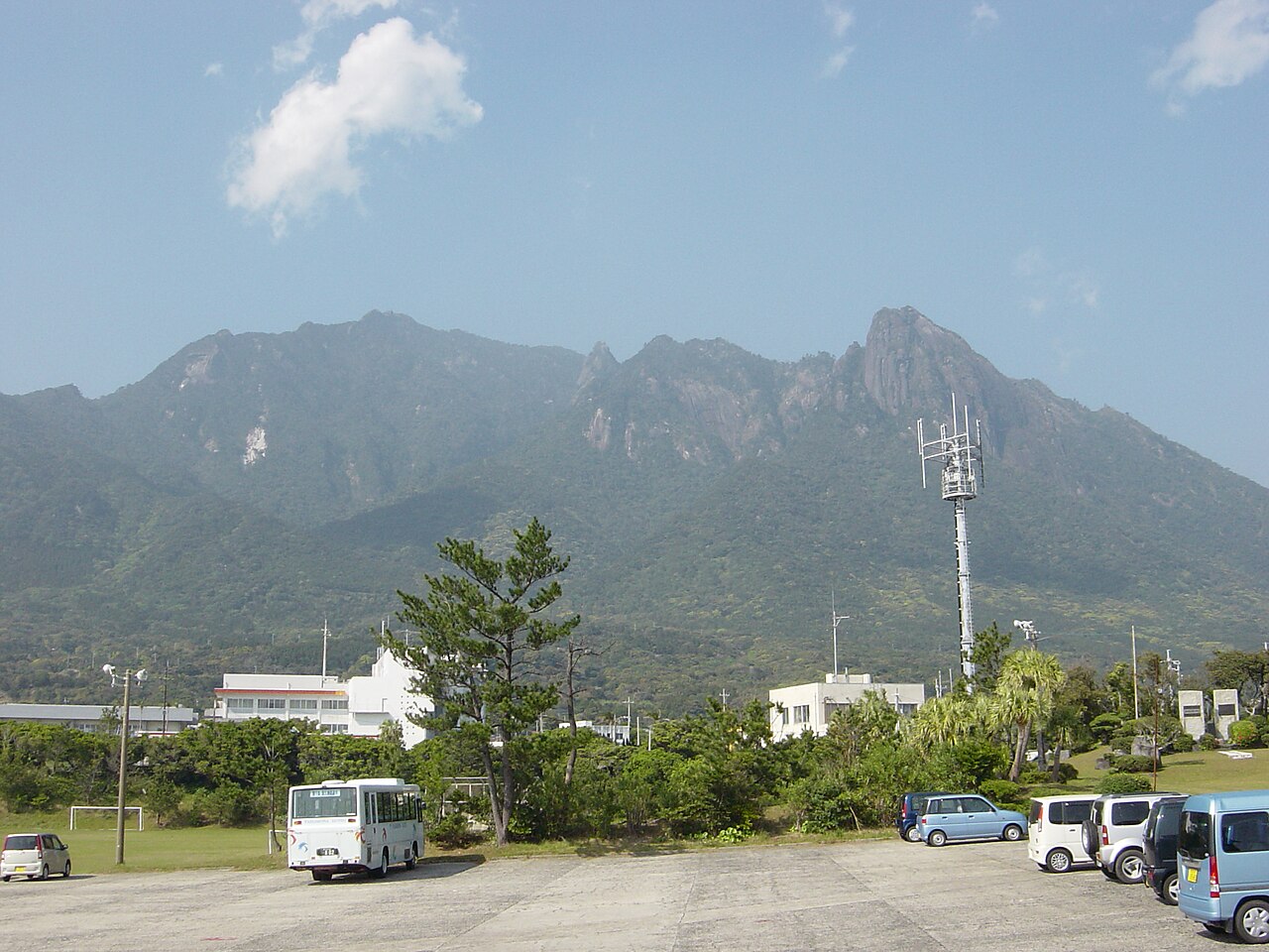 駐車場側から望む尾之間三岳の遠景、右端がモッチョム岳