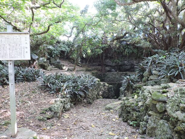 大和井の説明板と石積みの井戸全景