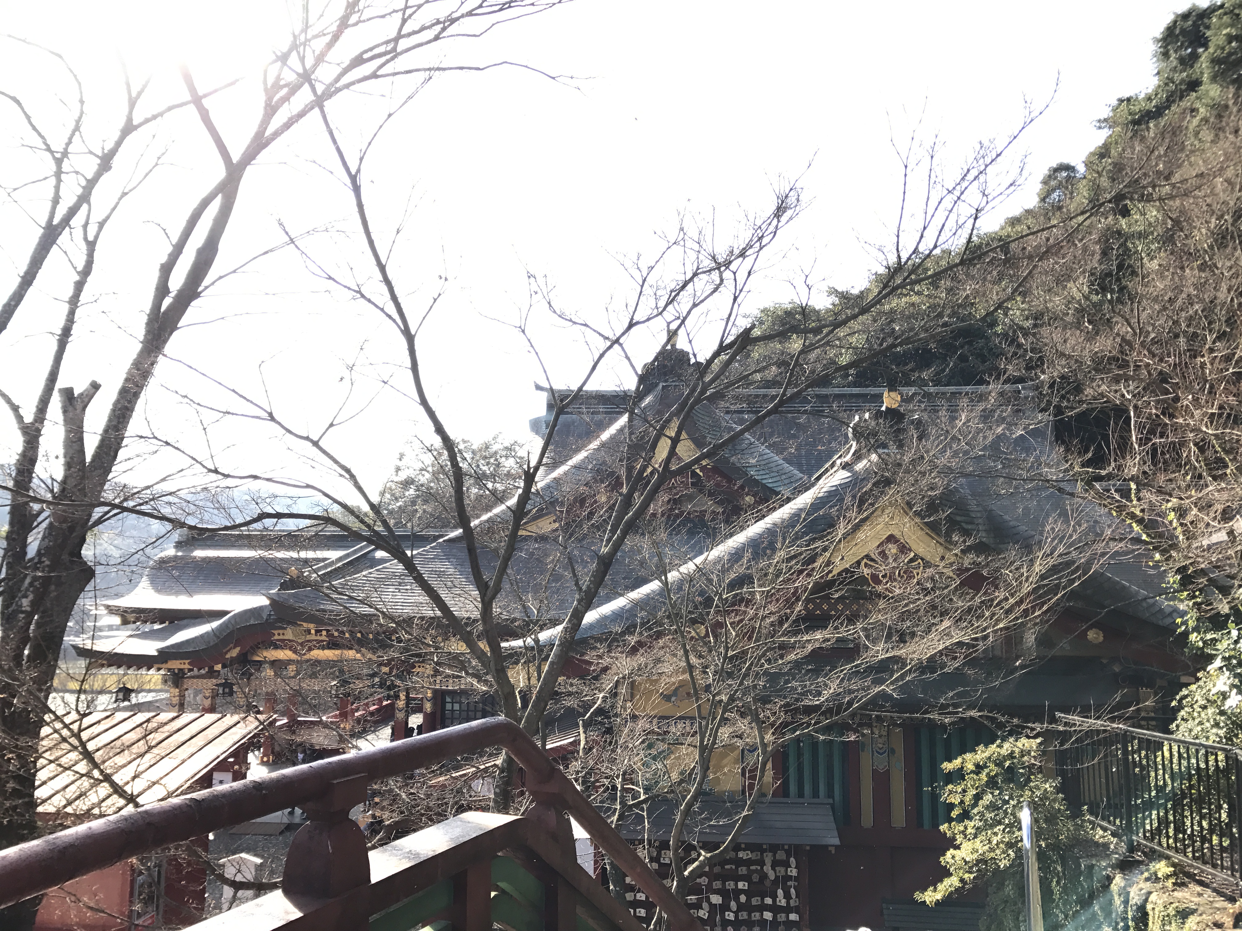 山の斜面に懸造りで建つ祐徳稲荷神社本殿を見上げた様子