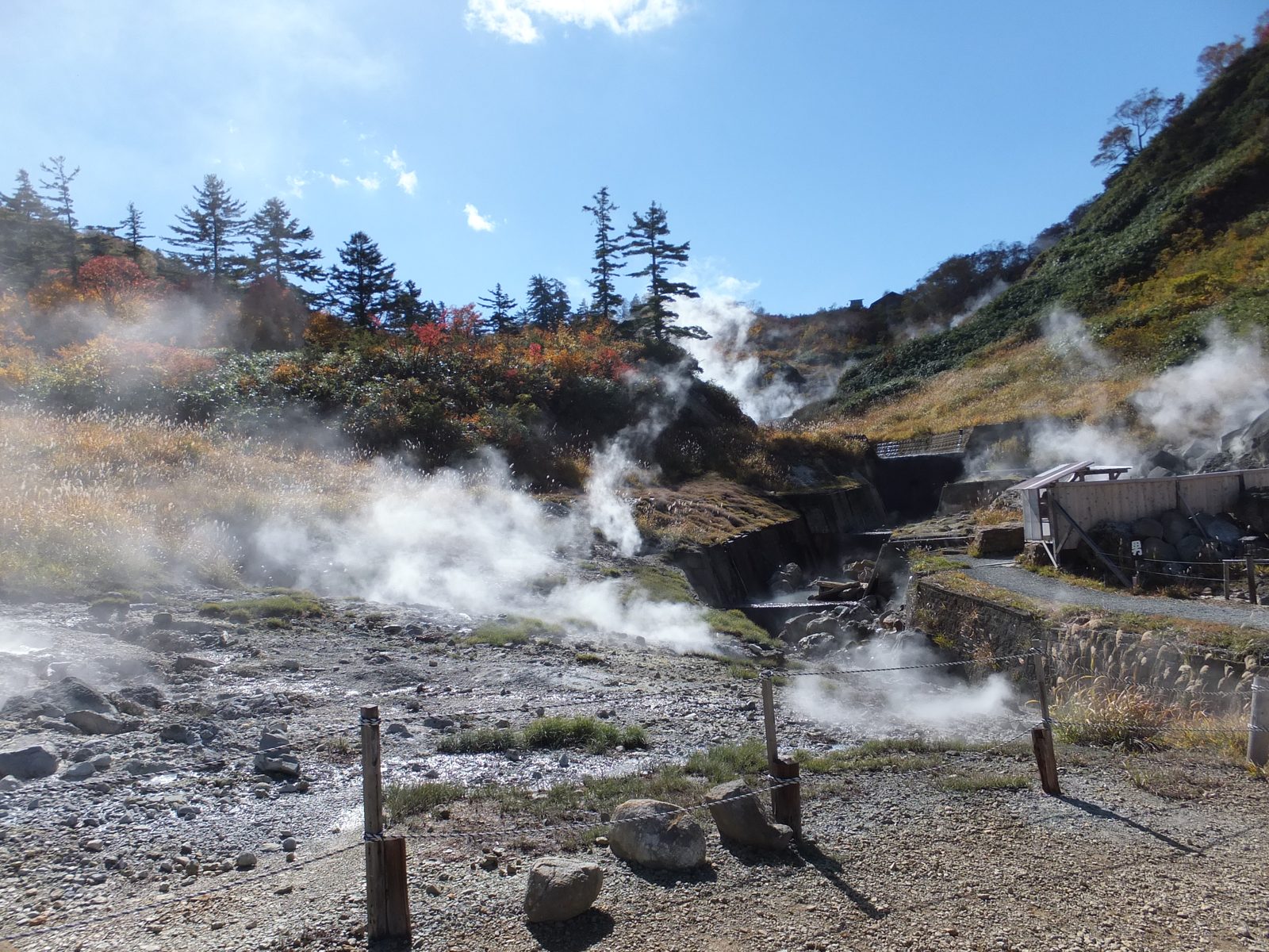 後生掛温泉の噴気地帯と湯けむり