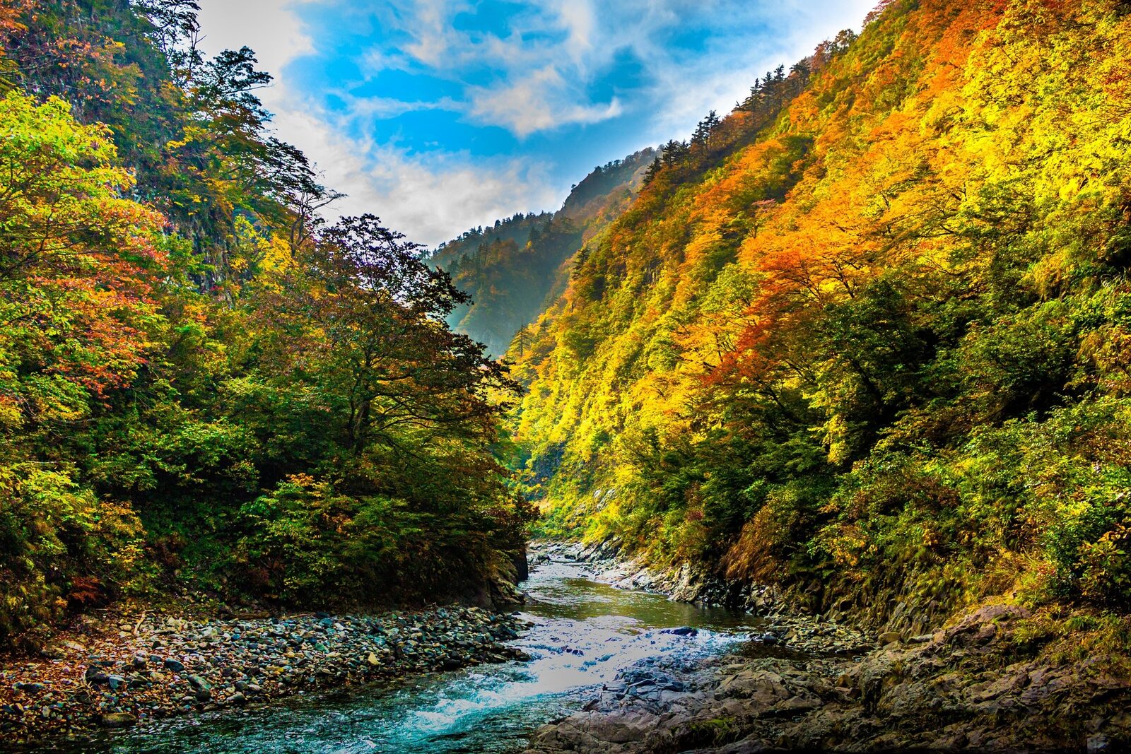 黄、橙、赤に染まる渓谷の紅葉と青空、清津峡