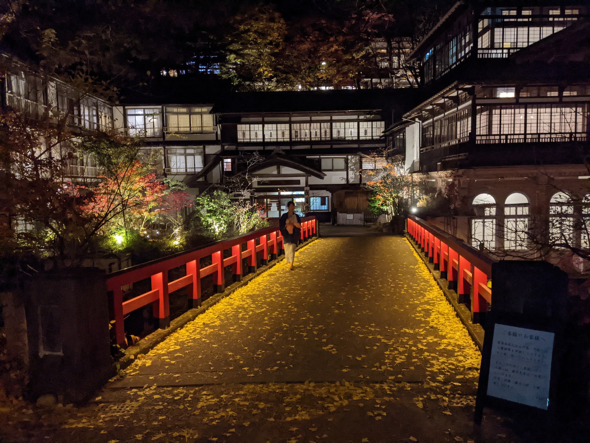 夜の四万温泉。銀杏の落ち葉が敷きつめられた赤い慶雲橋の向こうに、明かりのともる積善館本館が立つ