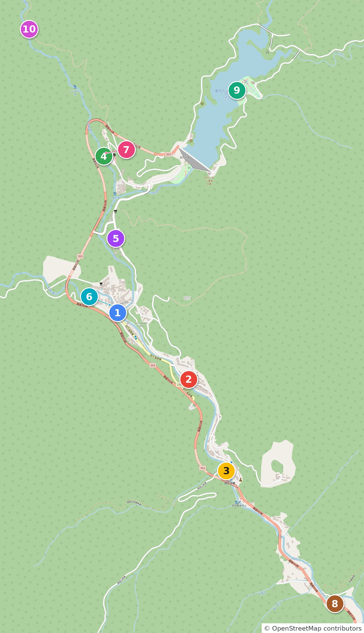 四万温泉の温泉マップ。四万川に沿って外湯と見どころの位置を番号で示した地図