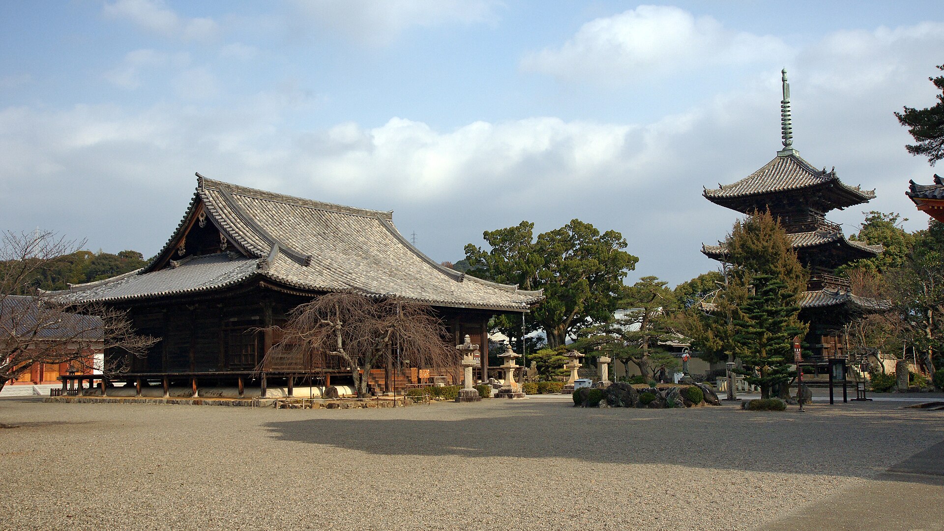 道成寺の本堂と三重塔が並ぶ境内の全景