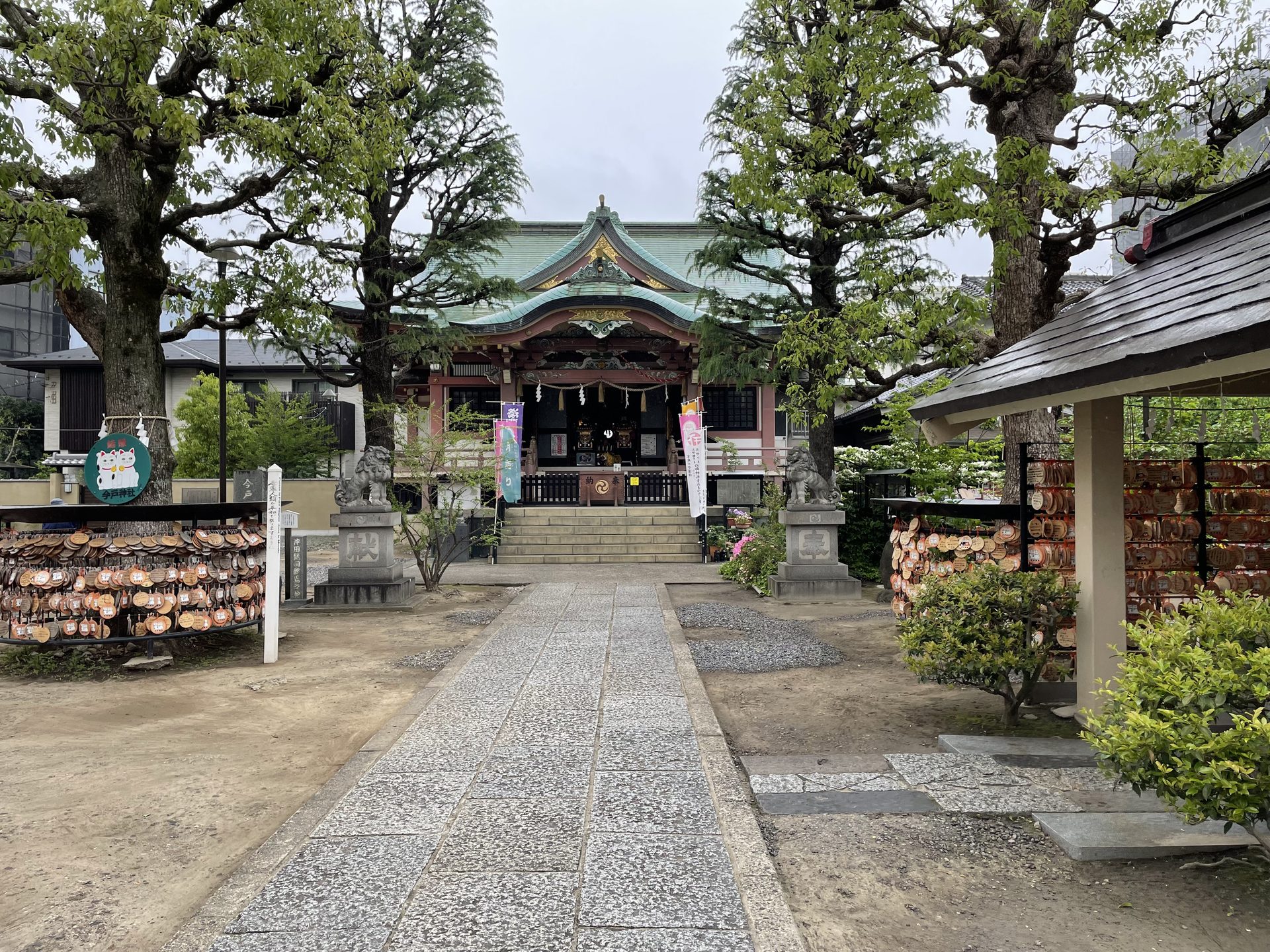 今戸神社の拝殿と参道、鳥居越しに社殿を望む