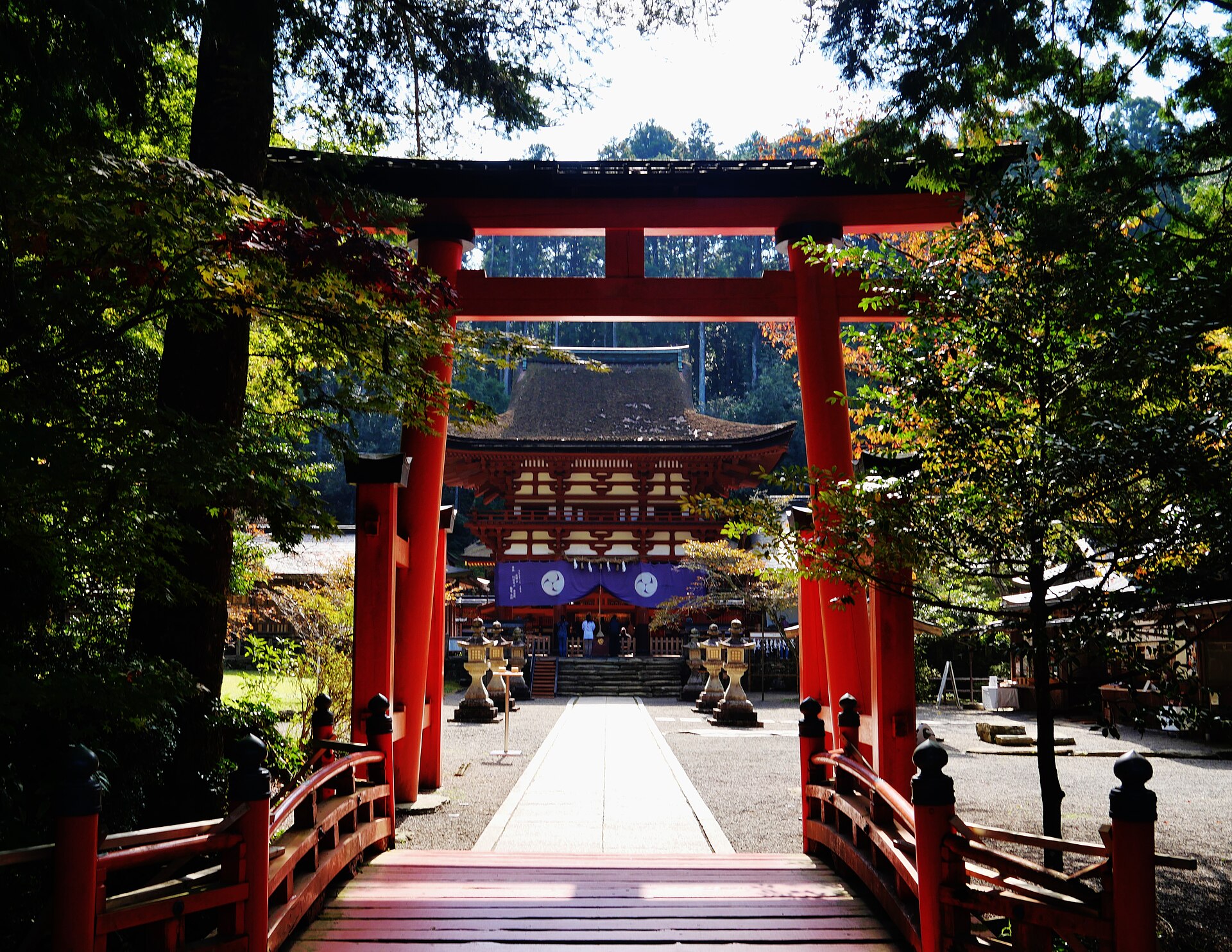 丹生都比売神社の朱塗りの楼門と輪橋、鳥居越しの参道