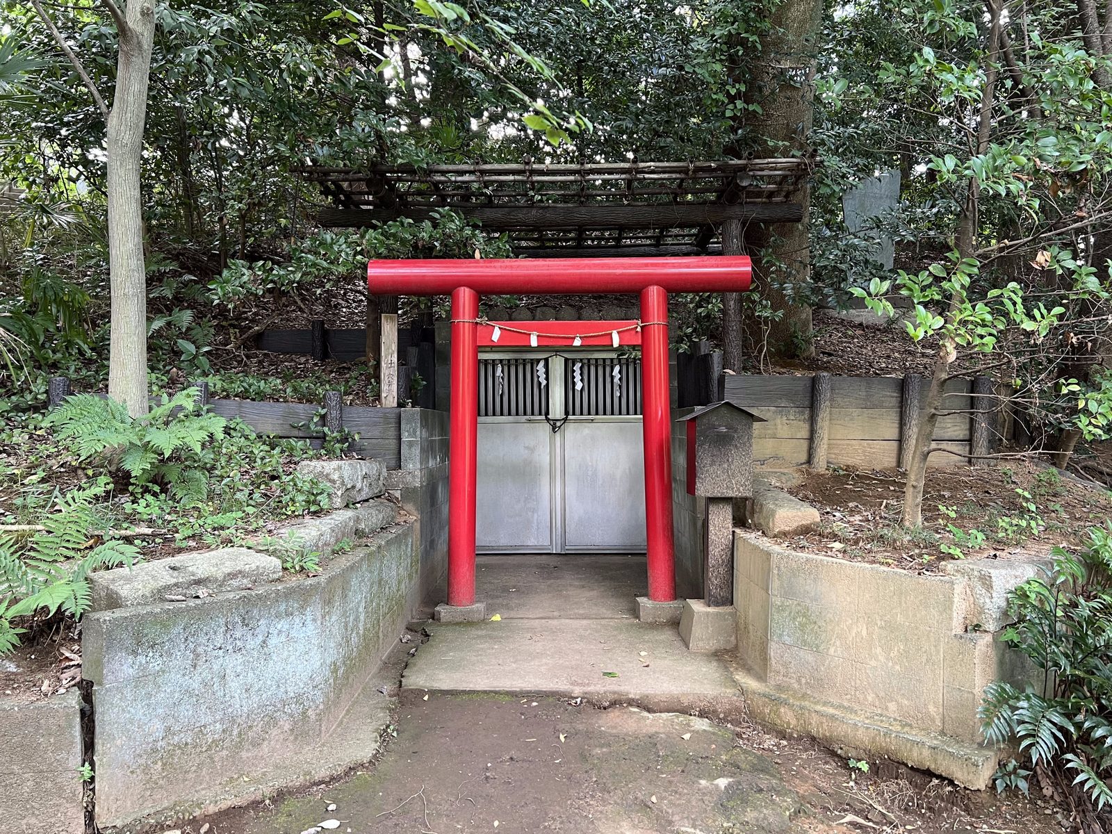 三宝寺池のほとりに立つ厳島神社の朱塗りの鳥居