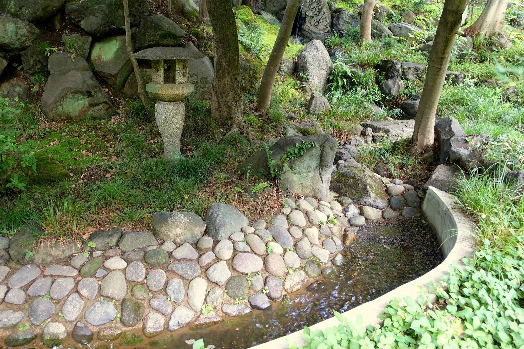 等々力渓谷の日本庭園、石灯籠と湧水