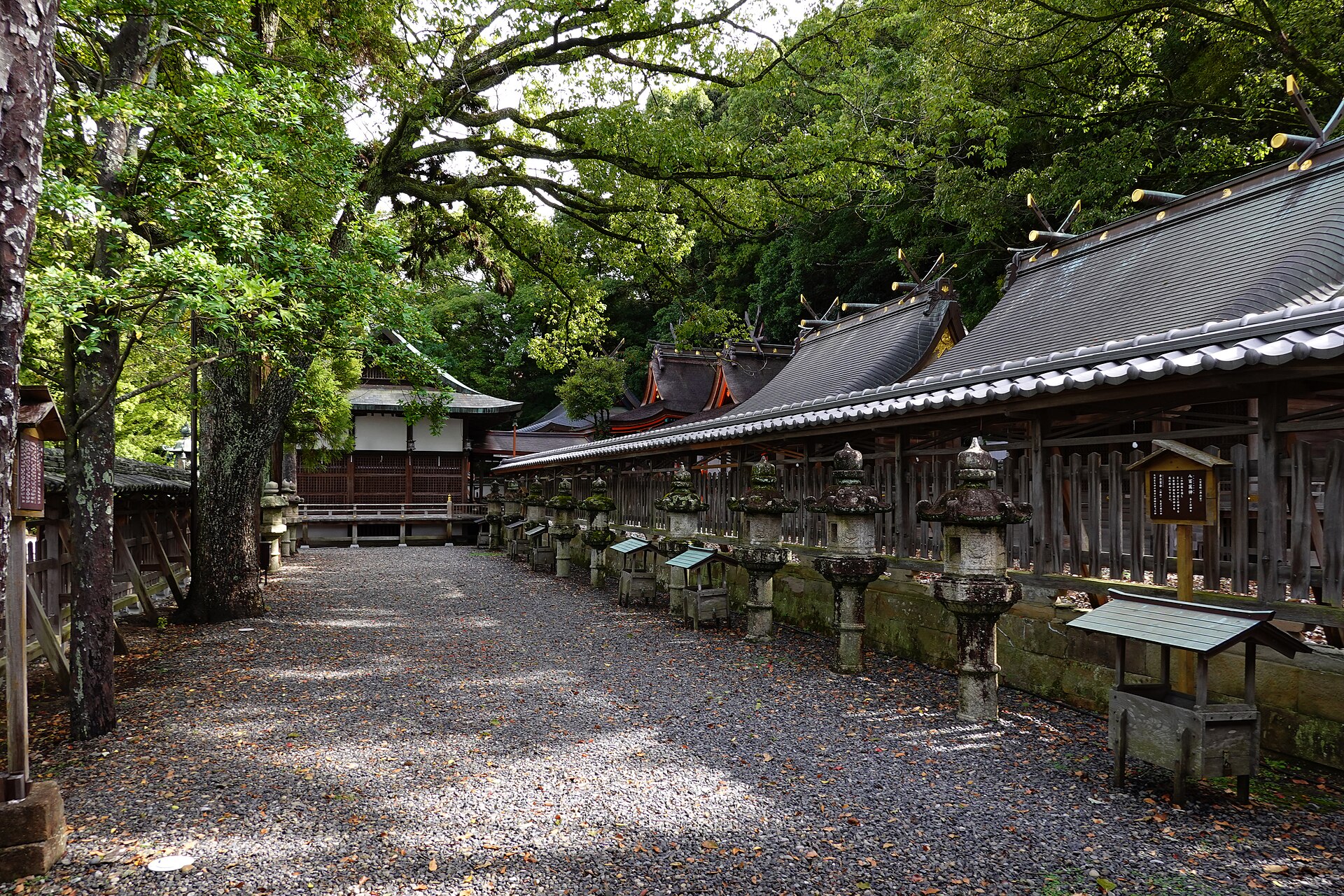 闘鶏神社の本殿群と居並ぶ石灯籠
