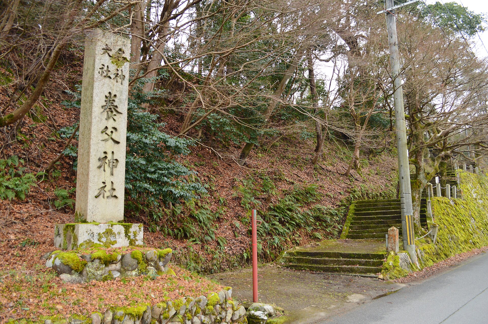 養父神社の社号標と参道の石段