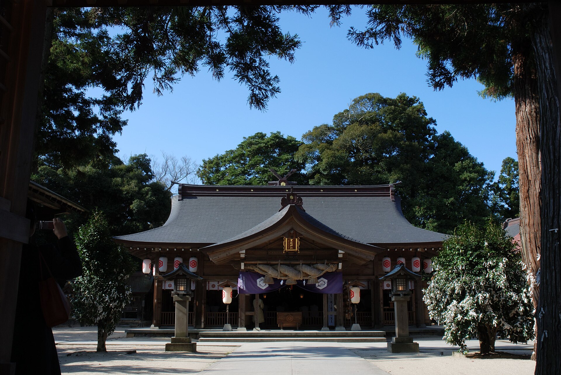 八重垣神社の拝殿と青空、参道の木立